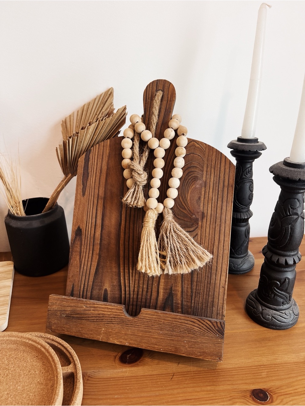 Rustic Wooden Cookbook Stand with Tassel Bead Accent - Brown